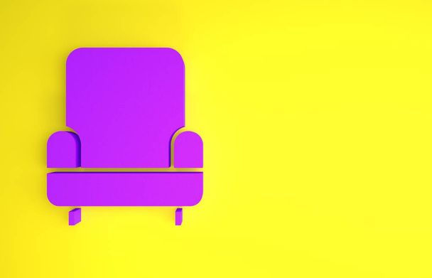 黄色の背景に分離された紫色のアームチェアアイコン。最小限の概念。3Dイラスト3Dレンダリング - 写真・画像