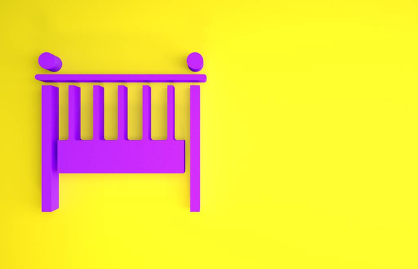 Purple Baby crib cradle bed icon isolated on yellow background. Minimalism concept. 3d illustration 3D render - Photo, Image