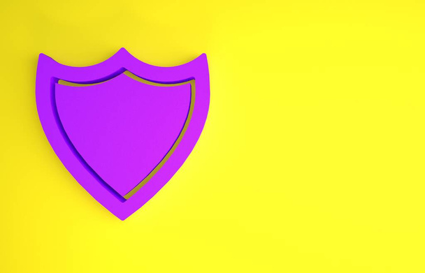 Фиолетовый значок щита выделен на желтом фоне. Знак охранника. Безопасность, безопасность, защита, концепция конфиденциальности. Концепция минимализма. 3D-рендеринг
 - Фото, изображение