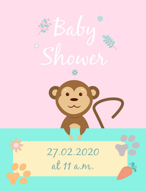 Κάρτες για το πάρτι του μωρού. Μαϊμού. Ταχυδρομική κάρτα ή πρότυπα κόμμα σε μπλε και ροζ με γοητευτικά ζώα - Διάνυσμα, εικόνα