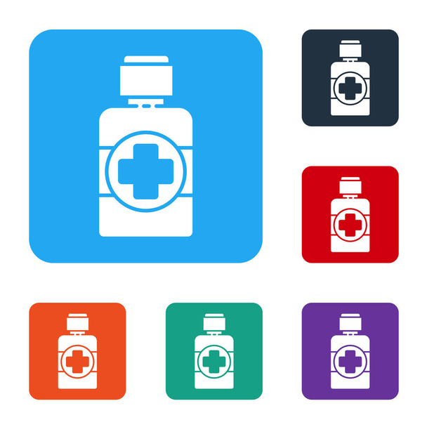 Frasco blanco de jarabe de medicina icono aislado sobre fondo blanco. Establecer iconos en botones cuadrados de color. Ilustración vectorial
 - Vector, Imagen
