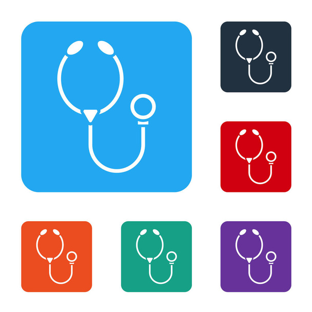 Icona dello strumento medico dello stetoscopio bianco isolato su sfondo bianco. Imposta le icone nei pulsanti quadrati a colori. Illustrazione vettoriale
 - Vettoriali, immagini