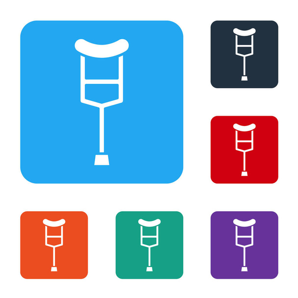 White Crutch or crutches icon isolated on white background. Equipment for rehabilitation of people with diseases of musculoskeletal system. Set icons in color square buttons. Vector Illustration - Vector, Image