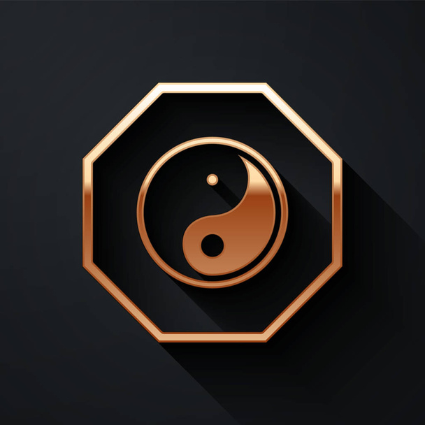Gold Yin Yang symbool van harmonie en evenwicht pictogram geïsoleerd op zwarte achtergrond. Lange schaduw stijl. Vector Illustratie - Vector, afbeelding