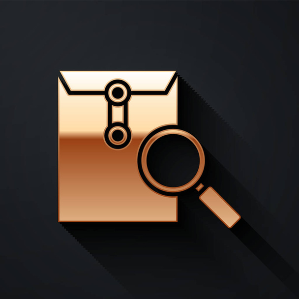 Gold Envelope mail with magnifying glass icon isolated on black background. Long shadow style. Vector Illustration - Vector, Image