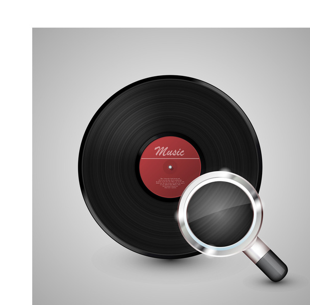 Abstract music background. Vinyl disk with a magnifying glass - Vetor, Imagem