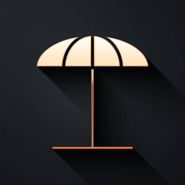 Gold Sun suojaava sateenvarjo ranta kuvaketta eristetty mustalla pohjalla. Suuri päivänvarjo ulkoavaruuteen. Ranta sateenvarjo. Pitkä varjo tyyli. Vektorikuvaus - Vektori, kuva