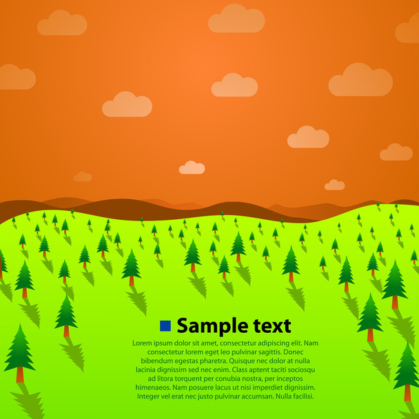Векторний пейзаж з зеленими деревами, пагорбами та фоном неба заходу сонця
 - Вектор, зображення
