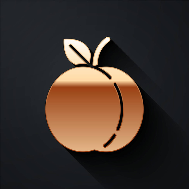 Gold Peach fruit of nectarine met blad pictogram geïsoleerd op zwarte achtergrond. Lange schaduw stijl. Vector Illustratie - Vector, afbeelding