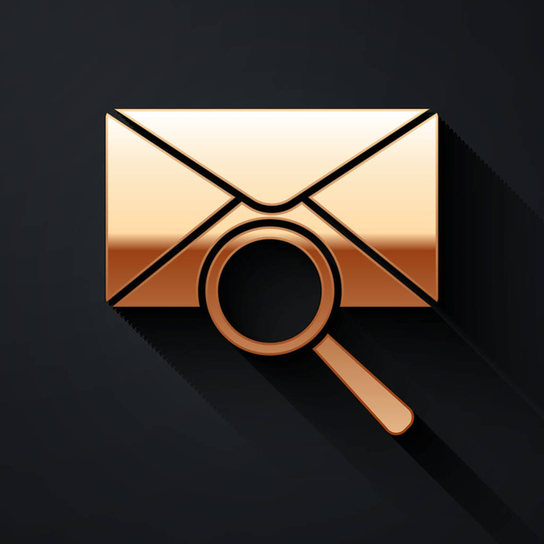 Złota Koperta mail z ikoną szkła powiększającego izolowane na czarnym tle. Długi styl cienia. Ilustracja wektora - Wektor, obraz