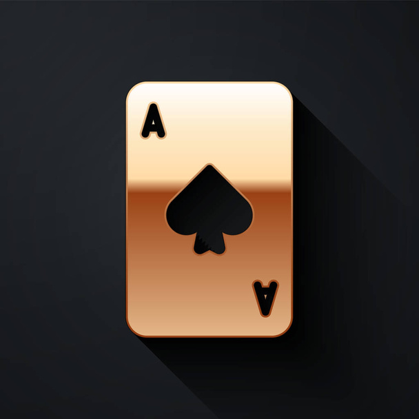 Złota karta do gry z ikoną symboli pik odizolowana na czarnym tle. Hazard w kasynie. Długi styl cienia. Ilustracja wektora - Wektor, obraz