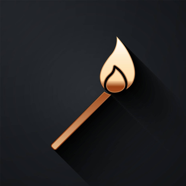 Gold Burning mérkőzés tűz ikon elszigetelt fekete háttér. Egyezik a tűzzel. Gyufa aláírás. Hosszú árnyék stílus. Vektorillusztráció - Vektor, kép