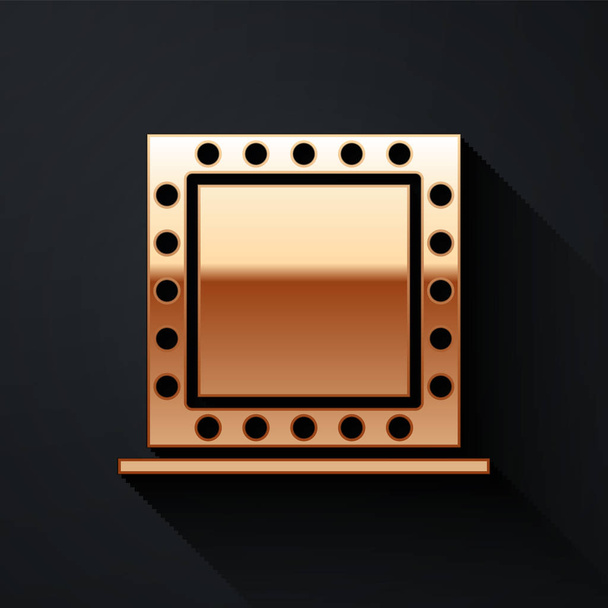 Gold Makeup mirror with lights icon isolated on black background. Long shadow style. Vector Illustration - Vector, Imagen