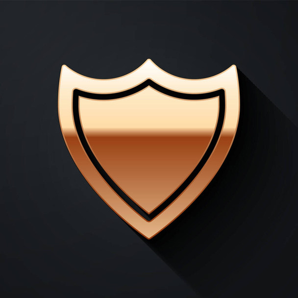 Arany Pajzs ikon elszigetelt fekete háttérrel. Őrség jel. Biztonság, biztonság, védelem, adatvédelem. Hosszú árnyék stílus. Vektorillusztráció - Vektor, kép