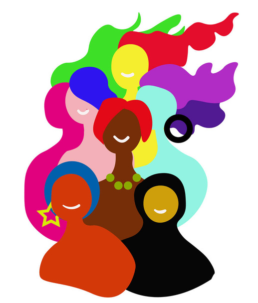 International Women's Day. Women's illustration for card, poster, flyer and other users. Women of different nationalites on a white background - Vector, Image