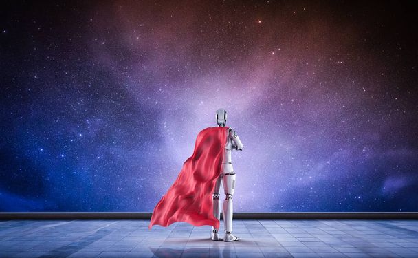 3D рендеринг супергероя киборга или героини робота в красном плаще
 - Фото, изображение