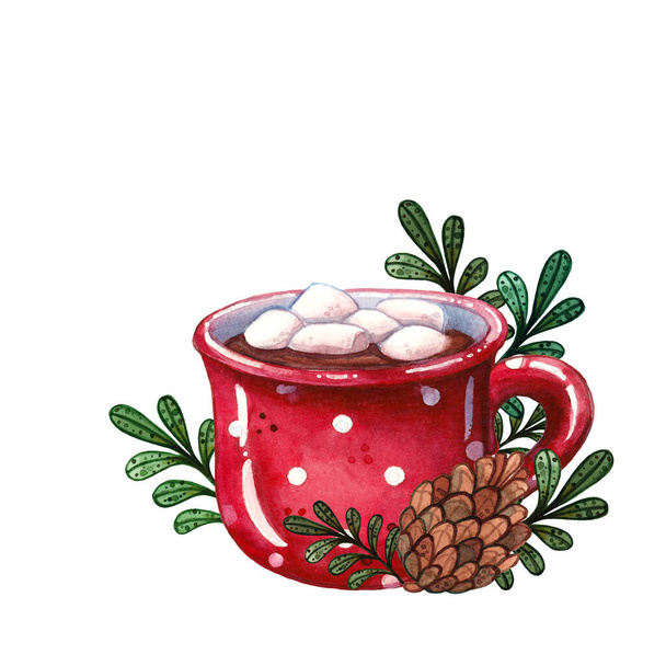 Handgezeichnete Aquarell-Illustration von heißer Schokolade mit Eibisch in rotem Becher mit Tupfenmuster, Tannenzapfen und Blättern isoliert auf Weiß - Weihnachten, Hygge und Winterurlaub - Foto, Bild