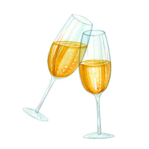Cor da água desenhada à mão ilustração clipart conjunto de copos de champanhe isolados em branco. Bebidas, feriados e celebrações - Foto, Imagem