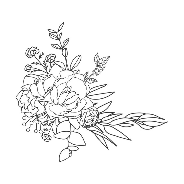 Elegantes Arrangement in schwarz-weiß mit weißer Füllung. Handgezeichnete große Blumen. Gestalten Sie Hochzeitseinladungen, Umschläge, Grußkarten-Vorlage. Vektorillustration - Vektor, Bild