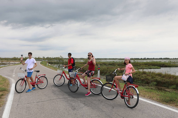 família feliz de quatro pessoas com as bicicletas na estrada no verão
 - Foto, Imagem