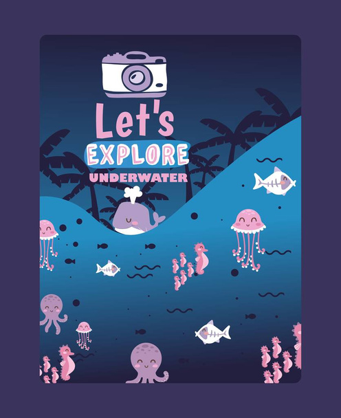 Tiere der Unterwasserwelt Vektor Illustration mit Text Lets explorating underwater for Scuba diving flyer or coupon template. - Vektor, Bild