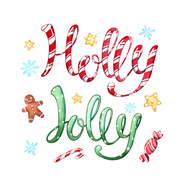 手描きイラストは赤と緑のホリー・ジョリーの言葉で、星や雪の結晶、白を基調としたお菓子が描かれています。レタリング、書道、クリスマス休暇の概念 - 写真・画像