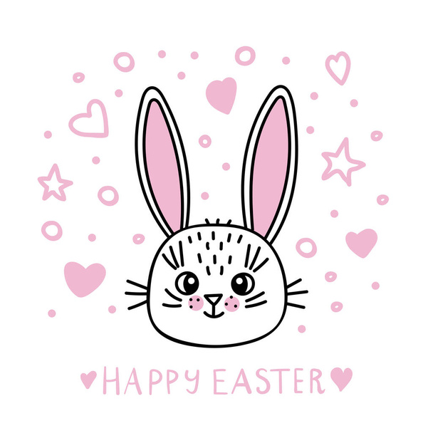 Cute Easter bunny vector illustration, hand drawn face of bunny. Greeting card with Happy Easter writing. Isolated on white background with pink hearts and stars. - Vetor, Imagem