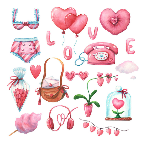 hand drawn pink clipart set of different design elements for stickers or scrapbooking isolated on white background. Love, valentine's day and watercolor illustration concept - Photo, Image
