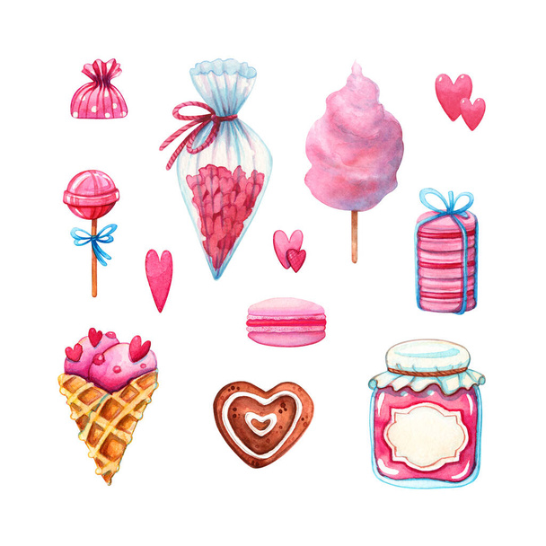 clipart rosa disegnata a mano set di dolci diversi per adesivi o scrapbooking isolati su sfondo bianco. Amore, giorno del valentino, concetto di illustrazione di cibo e acquerello - Foto, immagini