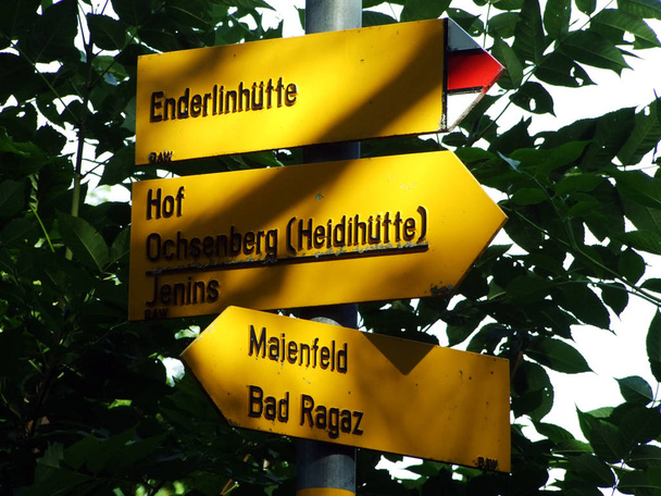 Senderos marcados y senderos para caminar en la región de Buendner Herrschaft y en el valle del Rin, Mainfeld - Cantón de los Grisones (Graubunden o Graubuenden), Suiza
 - Foto, imagen