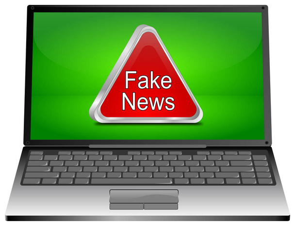 Laptop számítógép piros hamis hírek figyelmeztető jel zöld asztali - 3D illusztráció - Fotó, kép