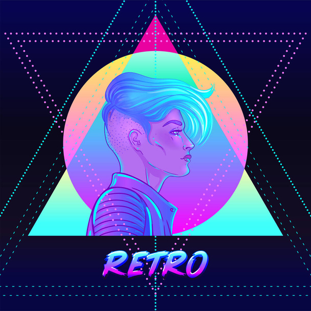 Portrait of a young pretty androgynous woman with short shaved pixie undercut in retro futurism style. Vector illustration in neon bright colors. Blue short hair. futuristic synth wave - Vettoriali, immagini