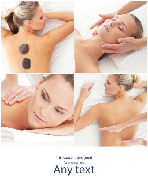 Masaż i zbieranie uzdrawiania. Kobiety posiadające różne rodzaje masażu. Spa, Wellness, opieka zdrowotna i kolaż aromaterapeutyczna. - Zdjęcie, obraz