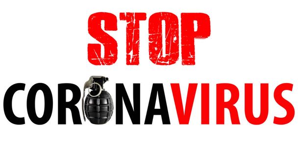 Frase di testo Stop Coronavirus su sfondo bianco con una mano grande, che simboleggia l'esplosione del virus. Romanzo coronavirus 2019-nCoV, MERS-Cov Medio Oriente sindrome respiratoria coronavirus
. - Foto, immagini