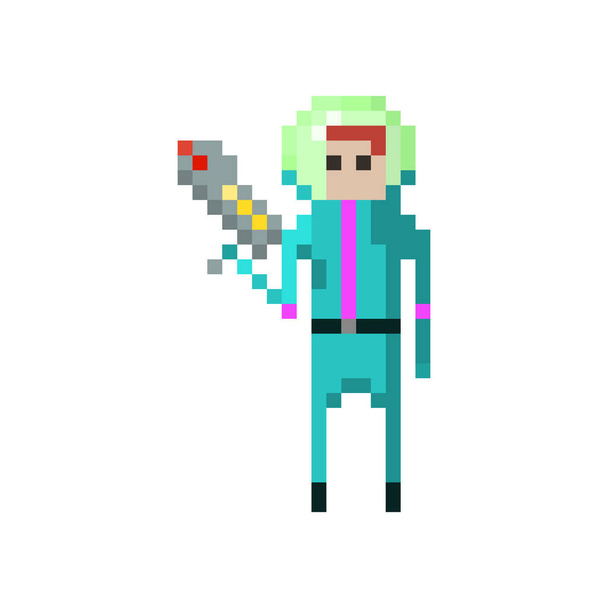Pixel character space traveler with blaster for games and websites - Vettoriali, immagini