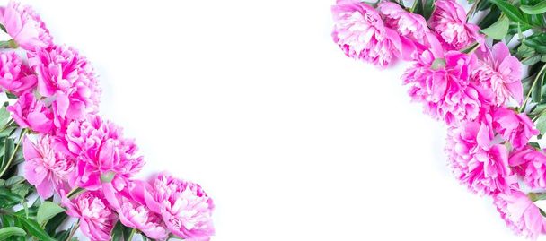 frame of a bouquet of pink peony flowers isolated on a white background with a copy space - Foto, Imagem