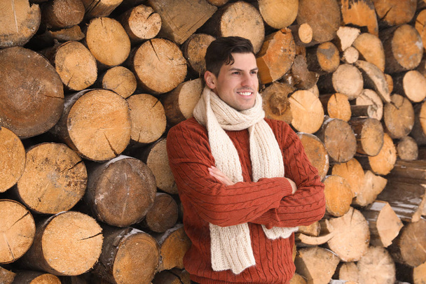 Handsome man wearing warm sweater and scarf near stack of firewood. Winter season - Zdjęcie, obraz