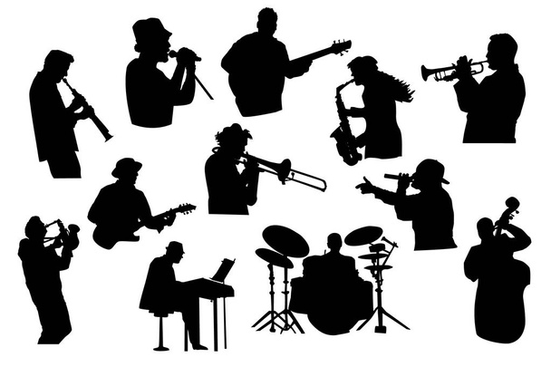 Nastavit černé siluety hudebníků izolovaných na bílém pozadí. Jazzoví, rockoví nebo popoví hudebníci hrající na nástroje. Kolekce zpěváků a hudebníků v různých pózách. Skladový vektorový obrázek - Vektor, obrázek