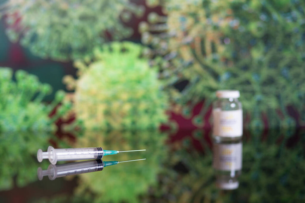 Vakcína a injekční stříkačka. Používá se pro prevenci, imunizaci a léčbu proti infekci virem korony (nové onemocnění koronavirem 2019, Covid-19, Wuhan). Infekční koncept medicíny. - Fotografie, Obrázek