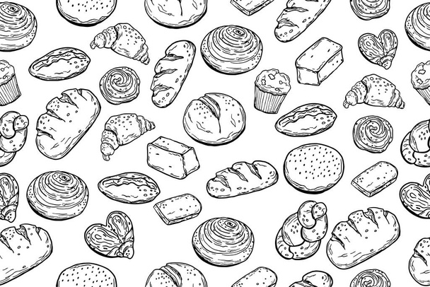 Seamless pattern. Various baking. Bread. Doodle style. For your design. - Vector, afbeelding