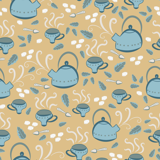 yellow and teal tea time seamless vector pattern - Vector, Image