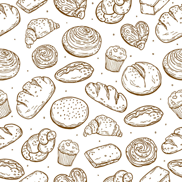 Naadloos patroon. Diverse soorten bakken. Brood. Doodle stijl. Voor uw ontwerp. - Vector, afbeelding