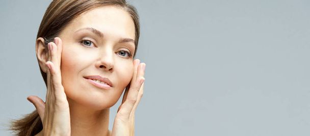 Pure skin care mature beauty portrait. Cosmetology plastic foundation. - Fotó, kép