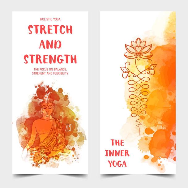 Diseño de tarjetas de yoga. Colorida plantilla para retiro espiritual o estudio de yoga. Tarjetas de visita ornamentales, patrón oriental sobre fondo pintado de acuarela. - Vector, Imagen