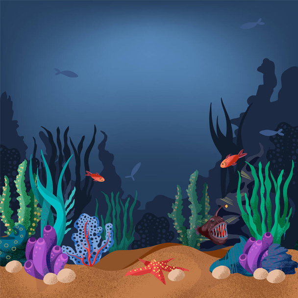 Εικονογράφηση του βυθού με ψάρια και θαλάσσια φυτά. - Διάνυσμα, εικόνα