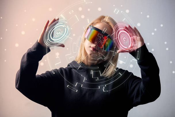 female programmer works with personal data in virtual glasses - Fotografie, Obrázek