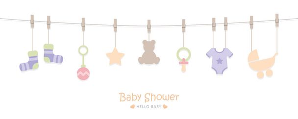 baby douche welkom wenskaart voor de bevalling met opknoping gebruiksvoorwerpen - Vector, afbeelding