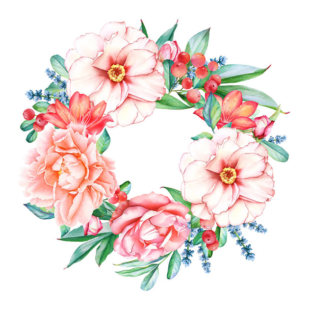 Watercolor floral wreath with peony and rose flowers and red berries - Photo, Image