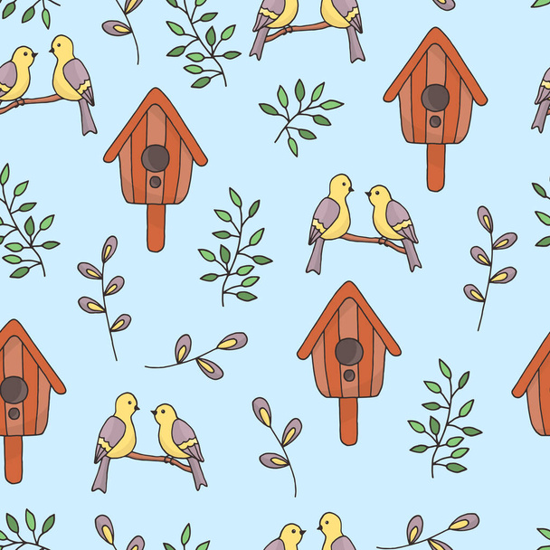 Vector seamless pattern with hand-drawn birdhouses and birds on a blue sky background, for the design of covers, packaging, print on textiles - Vektor, obrázek