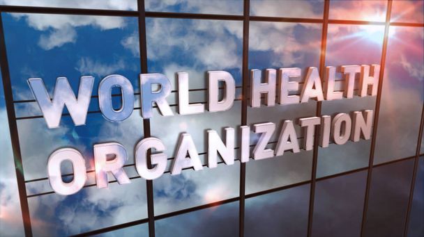 世界保健機関のガラスの建物。モダンなファサードに鏡のような空と街。3Dレンダリング図で誰が、緊急、医療、流行、ウイルス、ヘルプ、予防と医療の概念. - 写真・画像